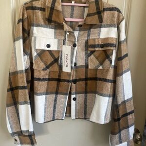 Yookou Women's Plaid Utility Jacket - Brown and White